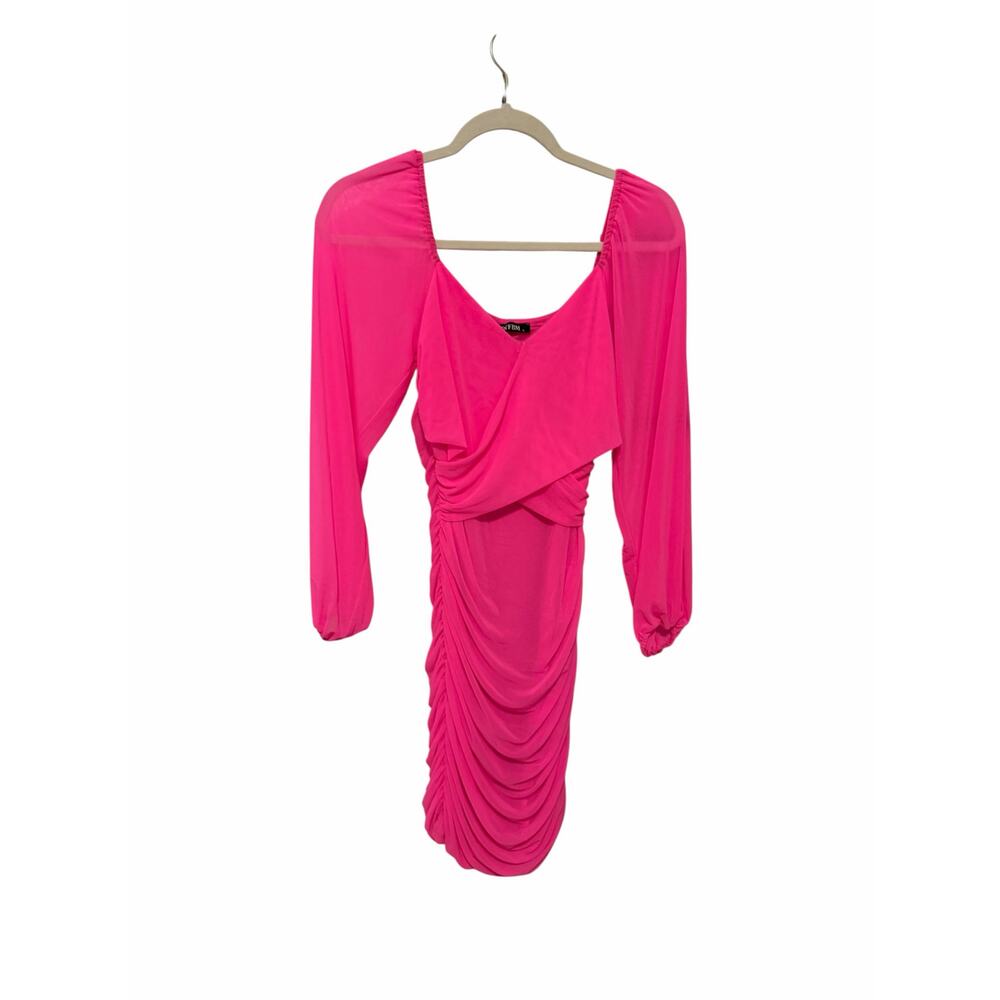BTFBM Women's Small Bright Pink Sexy Ruched Long Sleeve Bodycon Mini Dress - Picture 4 of 8